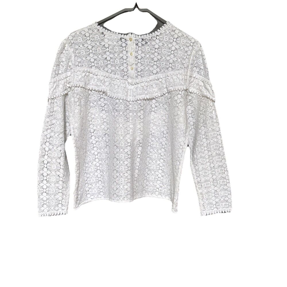 Sezane Ninon Blouse Size 40 US 8 White Lace Ruffle Long Sleeve Romantic Top - Picture 3 of 14